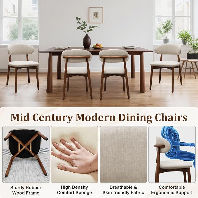 Farmhouse Dining Chairs Set of 2, Mid Century Modern Fabric Upholstered Kitchen Chairs, Wooden Dining Room Chair with Curved Back for Kitchen Dining Room Restaurant Cafe, Warm Gray (Only Chairs)
