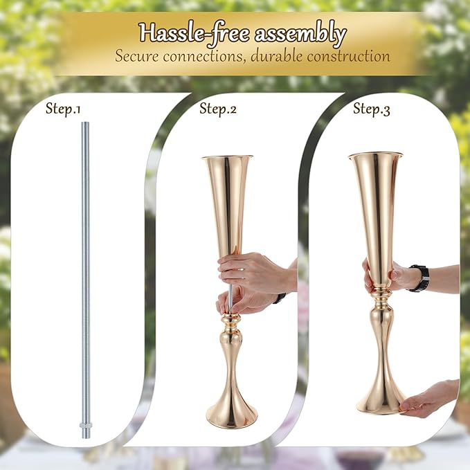 Set of 2 Tall Gold Vases for Centerpieces, 21.9" Metal Trumpet Flower Stand for Wedding Party Dinner Table Decor, Anniversary Celebration Gold Vase Centerpieces for Table