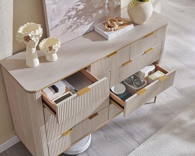 T4TREAM Fluted 9 Drawers Dresser, Modern Wooden Top Chest of Drawers with Curved Profile Design, Dresser TV Stand Drawer Organizers for Bedroom, Living Room, Hallway(White Alder)