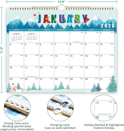 2026 Wall Calendar by [Brand Name] - 12 Months with Holidays | Large Block Design, 14.6'' x 11.4''