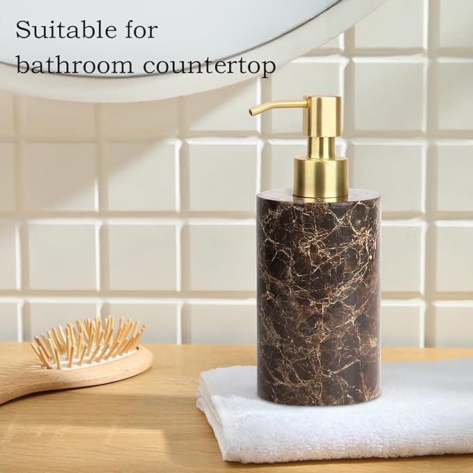 Natural Marble Soap Dispenser for Bathroom and Kitchen Countertop - 5.41 Ounces Hand Lotion and Liquid Stone Shampoo Laundry Bottle with Pump (1, Dark Brown, Cylindrical Bottle)
