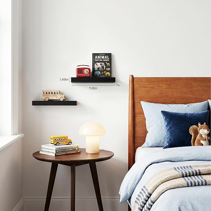 Black Floating Shelves for Wall Set of 2, 11.8 Inch Small Wall Shelves for Bathroom Over Toilet, Home Office & Bedroom Storage, Wall Mounted Display Shelves for Decor, Books & Collectibles