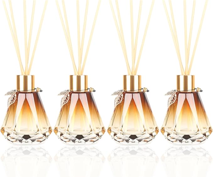 Reed Diffuser Set - 4 Empty Bottles with 20 Sticks, Delicate Gold Leaf Decor, Glass Fragrance Diffuser with Lids for Home, Bathroom | Refillable, Diamond Style (4 PCS Gold)