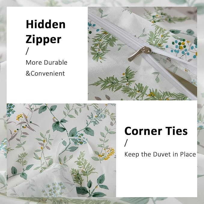 100% Cotton Duvet Cover Sets King Size Reversible Green Garden Bedding Sets Duvet Cover Super Soft Comforter Cover with Zipper Closure, Lightweight, Breathable