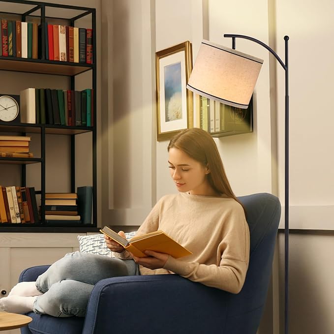 Ambimall 60" Floor Lamp for Living Room with 3 Color Temperatures, Beige Lampshade with Black Stripes, Tall Lamp for Bedroom Office, 9W Bulb Included