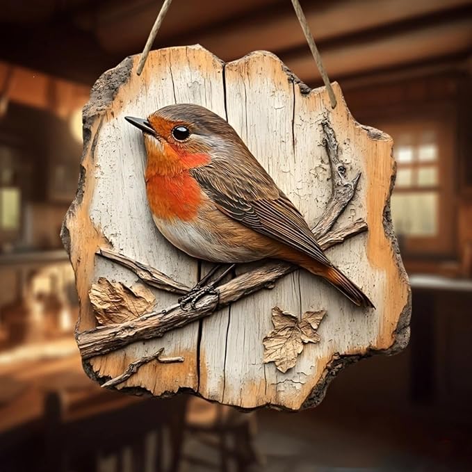 DLIGGSAHN Rustic Wooden Bird Wall Decor, Natural Wood Bird Nest Hanging Ornament, Farmhouse Style Wall Art for Home, Porch, Patio & Bathroom