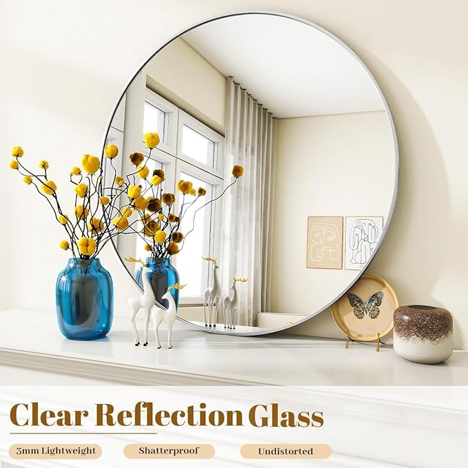 VooBang Silver Round Bathroom Mirror, 24 inch Circle Wall Mounted Hanging Mirror with Simple Modern Circular Metal Frame for Hallway, Entryway, Living Room, Silver Frame