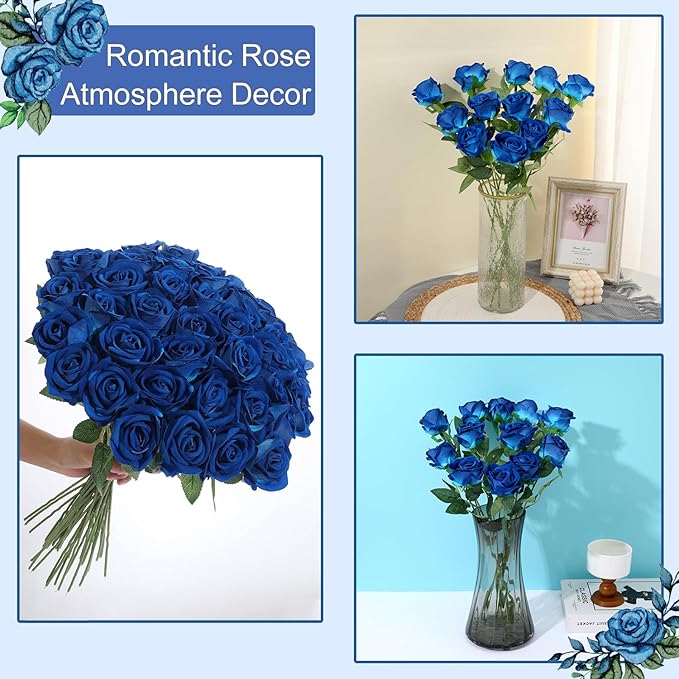 50Pcs Blue Roses Artificial Flowers Fake Roses Faux Velvet Silk Flower for Home Wedding Decoration (Pearl Rose, Blue)