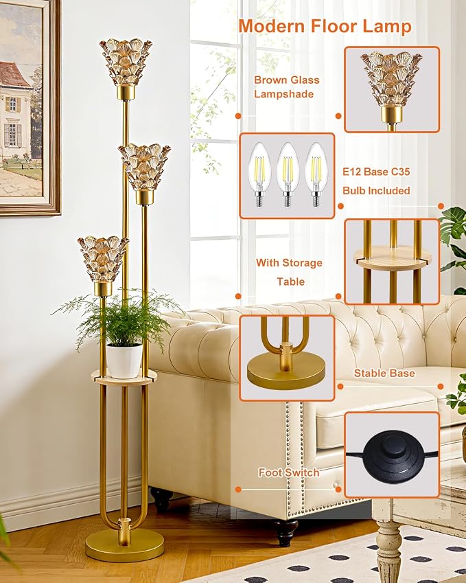 3-Light Modern Glass Floor Lamp with Shelf, Gold Tall Standing Lamp with Amber Flower Glass Shade, LED Floor Lamp with Foot Switch& 5Lbs Heavy Base for Living Room Bedroom, Bulb Included
