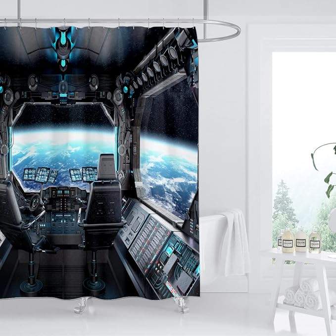 Spaceship Interior Shower Curtain Planet Earth Galaxy Futuristic Science Spacecraft Cabin for Kids Boy Black Home Bathroom Decor Waterproof Fabric 72Lx72W Inch with 12PCS Hooks