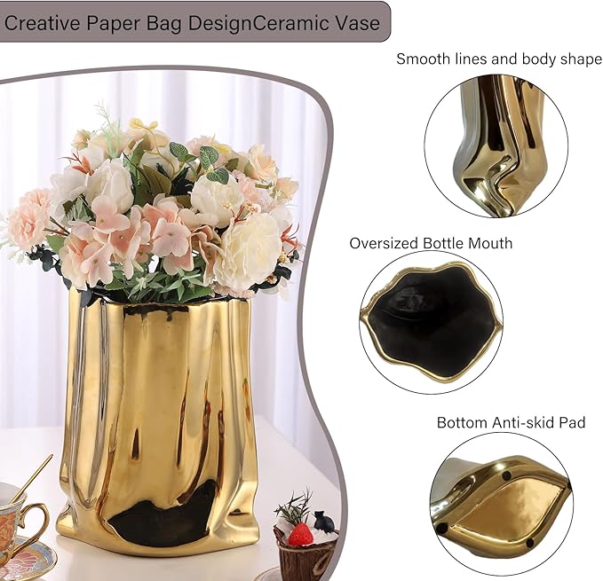VanEnjoy Large Gold & Silver Ceramic Vases - Wide Mouth Home Decor, Chrome Handbag Vase