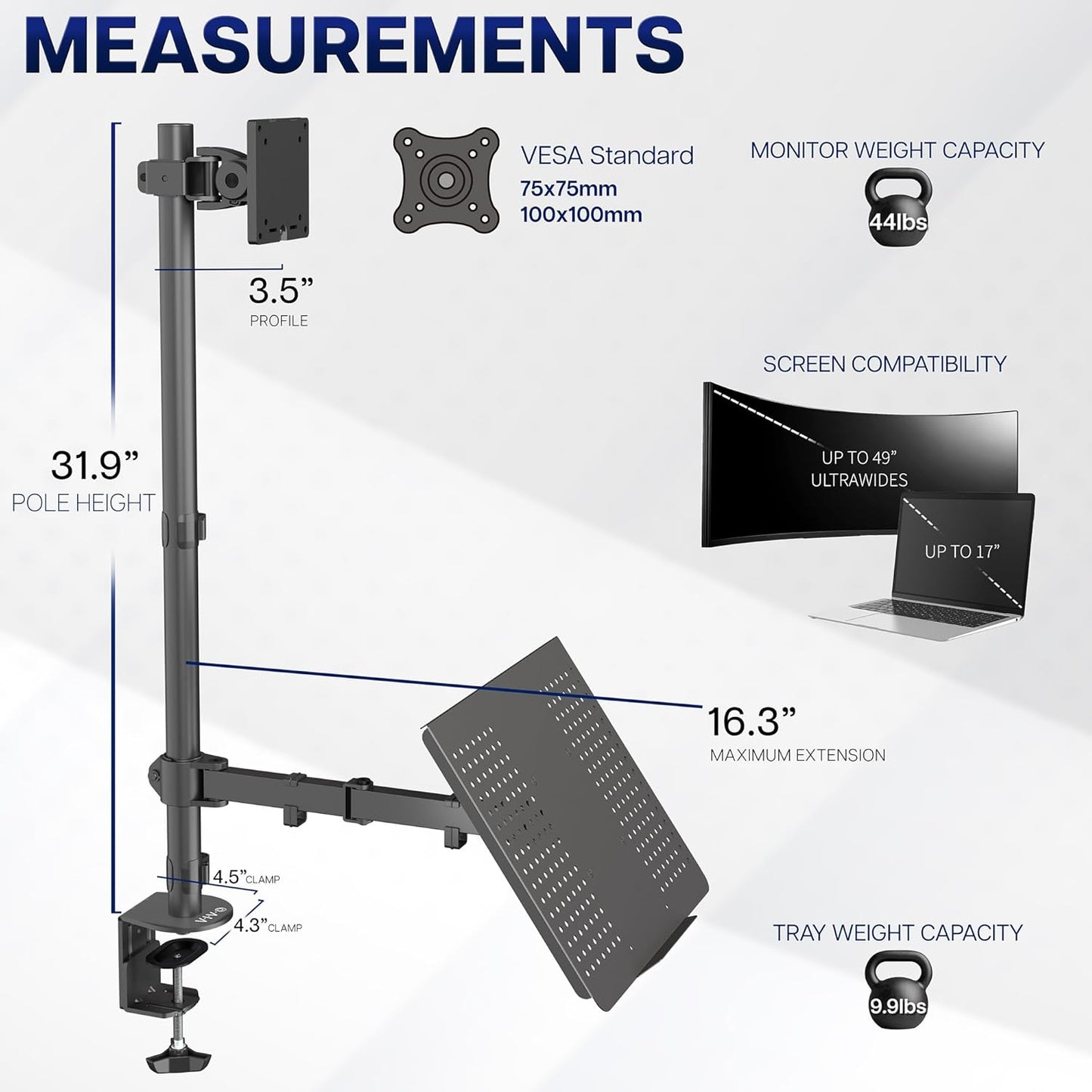 VIVO Extra Tall Desk Mount - Adjustable Clamp-On Stand for 49" Ultrawide & 17" Laptop | Supports 44 lbs, Black