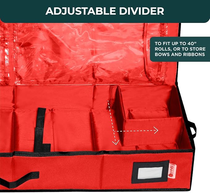 HOLDN’ STORAGE Premium Wrapping Paper Storage Container - Durable 600D Tear-Proof, Fits 27 Rolls Gift Wrap, Extra Pockets for Ribbons & Bows, Underbed Storage - Ideal for Holiday Christmas, Red
