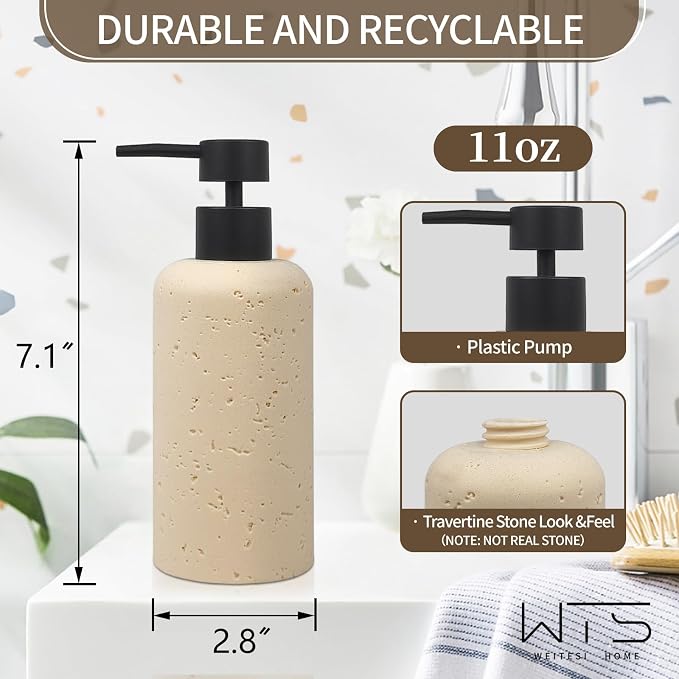 2 PCS Resin Soap Dispensers 11oz, Refillable Luxurious Hand Dish Lotion Shampoo Soap Dispenser Jar with Rust Proof Pump 340ml, Travertine Soap Pump Bottle for Kitchen Bathroom Countertop (Cream)