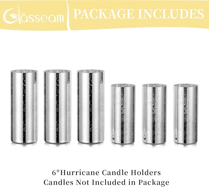 Glasseam Glass Cylinder Silver Vase: Set of 6 Decorative Flower Vases for Centerpieces Modern Vase for Flowers Wedding Decor Mercury Candle Holders for Pillar Candles Dining Table Decorations