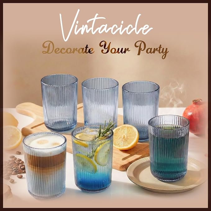 Blue Ribbed Highball Glasses Set of 6, 13.2oz Midnight Blue Colored Glassware, Drinking Glasses for Water, Juice, Iced Coffee, Cocktails, Blue Glass Cups, Housewarming Christmas Gift