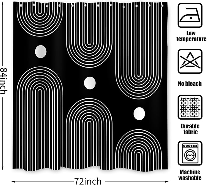 Black and White Extra Long Shower Curtain, Boho Minimalist Mid Century Modern Arch Geometric Machine Washable Waterproof Fabric for Bathroom Bathtub Decor with Hooks 72Wx84H