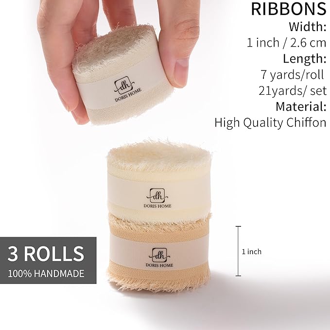 DORIS HOME Nude and Ivory Chiffon Ribbon for Flower Bouquet, 1" x21Yd Fabric Ribbon for Gift Wrapping, Handmade Frayed Ribbon for Wedding Invitations/Christmas Decorations