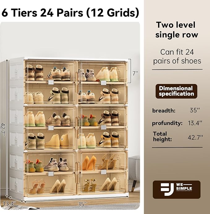 wesimple 24 Pairs Shoes Storage Cabinet of 3-Step Fast Installation,Plastic Shoe Box with Clear Magnetic Door for Display, Shoe Organizer for Sneaker, Sandals, Heels (2 Row, 6 Tier)