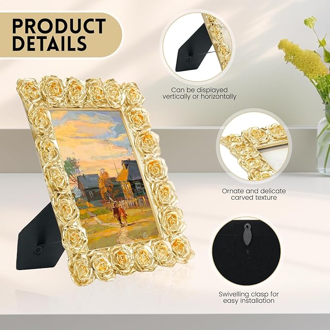 Gold Picture Frames, Rose Ornate 5x7 Photo Frame, Vintage Carved Floral Textured Hand-Crafted Picture Frame with Glass Front, Resin Photo Frames Tabletop or Wall Hanging, Pictures Display Frame for Home Decor