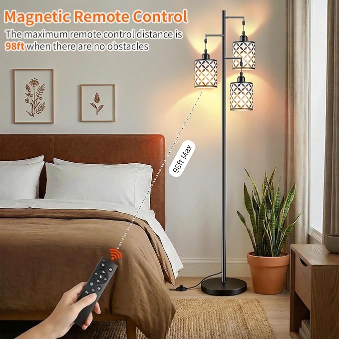 Dimmable Floor Lamp, Farmhouse Standing Lamp with Elegant Metal Cage, Industrial Tall Tree Floor Lamps for Living Room, Bedroom, Study Room, Office, 3 x 1100LM LED Bulbs Included, 72",Black