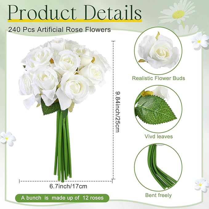 Jexine 240 Pcs Artificial Rose Flowers Bouquet Silk Realistic Flowers Bulk Centerpieces DIY Bride Fake Rose for Home Bridal Wedding Party Decorations(White)