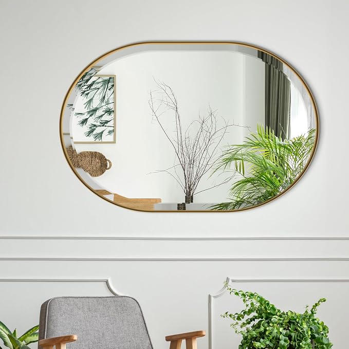 POZINO Beveled Bathroom Mirror, 24"x36" Brushed Gold Oval Vanity Mirror Over Sink, Pill Shaped Capsule Wall Mirrors for Bedroom Entryway Living Room, Hangs Vertically or Horizontally