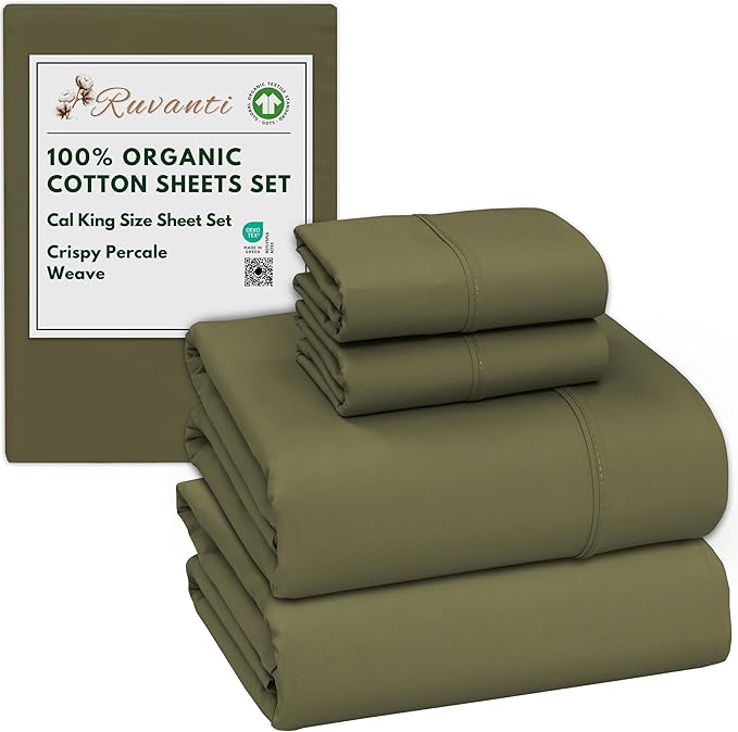RUVANTI 100% Organic Cotton Sheets California King, Percale Weave, GOTS Certified, 4-Piece Set, Deep Pocket 13", Crisp & Breathable, Soft Durable Bedding, Sábanas Algodón Orgánico – Olive