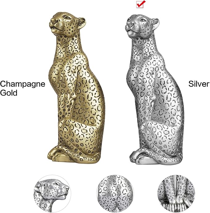 Cheetah Statue Home Decor Leopard Sculpture Resin Sitting Cheetah Figurine Desktop Table Top Ornament Decoration for Home Office Silver