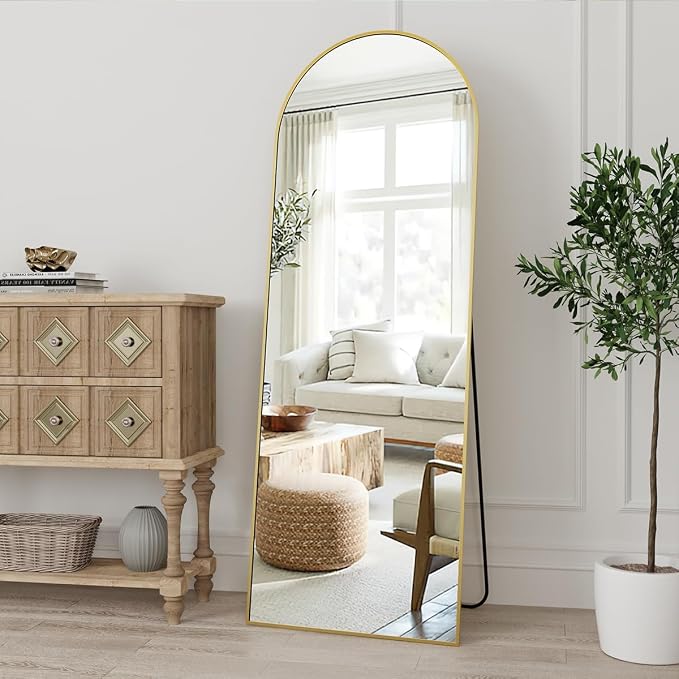 Dewfig Arched Gold Full Length Mirror, 58"X18" Large Floor Mirrors with Stand for Leaning or Hanging, Full Body Mirrors for Living Room,Bedroom, Dressing Room, Aluminum Alloy Frame, Gold