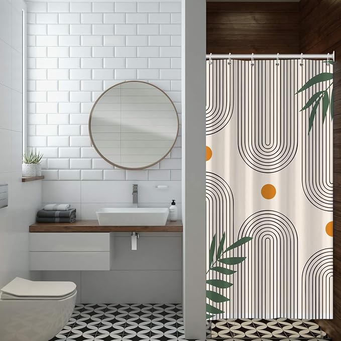 Boho Mid Century Shower Curtain Bohemian Minimalist Geometric Arch Sun Bathroom Curtain Sage Green Plant Polyester Shower Curtain Sets for Bathroom Extra Long 54x72 in with 10 Hooks