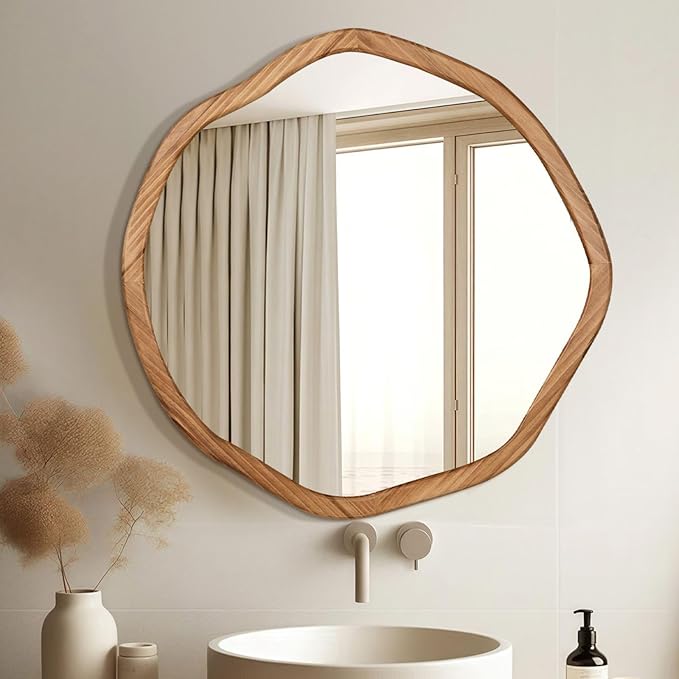 ULIKE Round Wood Mirror, 24 Inch Irregular Circle Vanity Wall Mirror with Wooden Frame, Rustic Decorative Wall Mount for Bathroom Bedroom Living Room Entryway, Rustic Brown