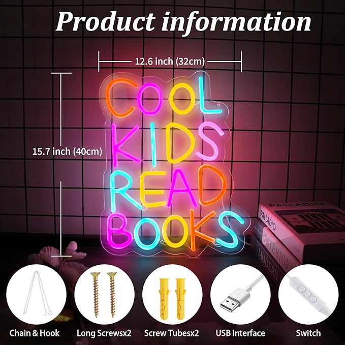 Cool Kids Read Books Neon Sign, Handmade Light Up USB 3D Wall Art Wall Decor Sign Light for Book Club Classroom Read Corner Kid's Reading Study Room Home Library Librarian Bookworm Gift-15.7"x12.6"