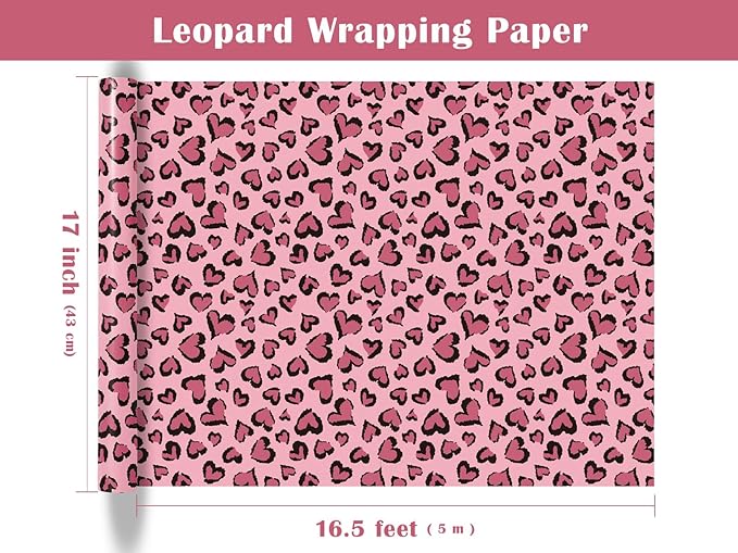 WRAPAHOLIC Leopard Wrapping Paper - Mini Roll - 17 Inch x 16.5 Feet - Pink Heart Wrapping Paper Perfect for Girls Birthday, Valentine's Day, Baby Shower, Wedding