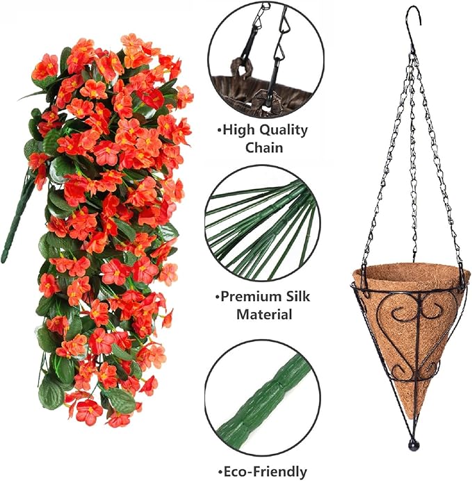 Artificial Fake Fall Hanging Flowers Plants Baskets for Outdoor Outside, Faux Silk Autumn Orange Daisy Mums Trailing Vines in Planter Realistic UV Resistant for Balcony Porch Decor