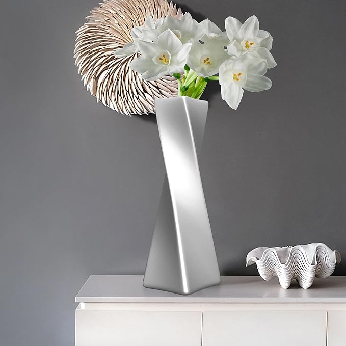Silver Ceramic Geometric Vase, 11.8" H, Modern Decorative Vase for Home Decor