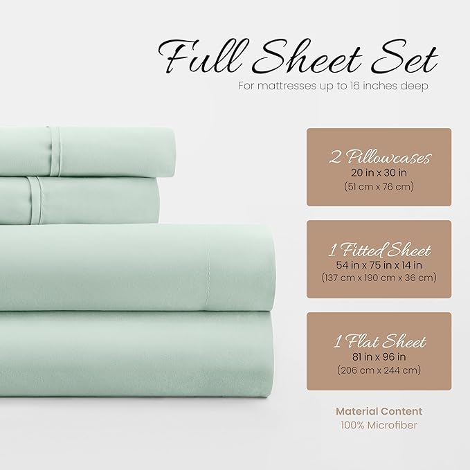 Linen Market Double-Brushed Microfiber Full Sheet Set 4 Piece – Oeko-TEX Certified Ultra Soft & Wrinkle-Free - 16" Deep Pocket Sheets - Easy Care Full Size - Mint