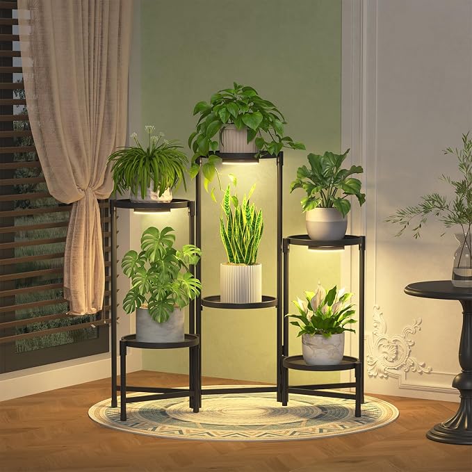 iDavosic.ly 6 Tier Large Plant Stand Indoor with Grow Light, Tiered Corner Metal Outdoor Flower Display Holder Shelf with 10 Inch Wide Tray, Folding Tall Rack for Patio Porch Living Room, Black