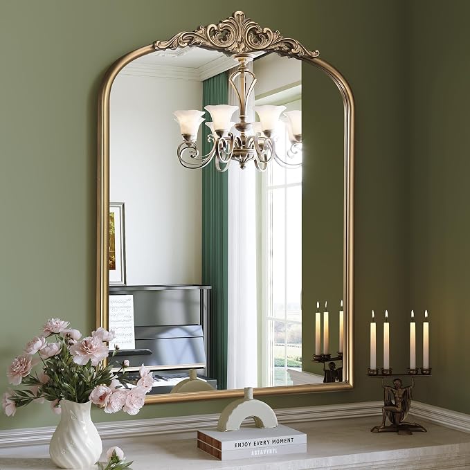 Arched Antique Gold Wall Mirror, 28"x36" Vintage Bathroom Mirror Over Sink, Ornate Arched Brass Wall Mirror for Fireplace, Living Room, Entryway, Bedroom, Hanging or Leaning
