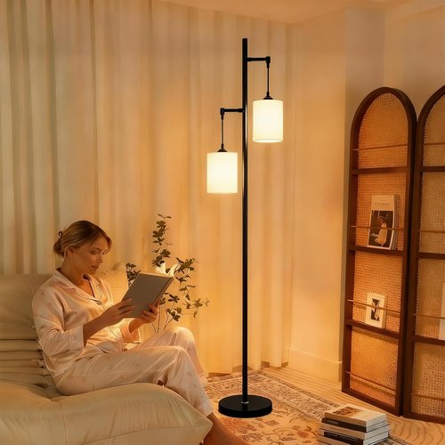 Lightdot 65-Inch Black Floor Lamp - Industrial 2-Light Design with Linen Shade for Living Room & Bedroom Decor