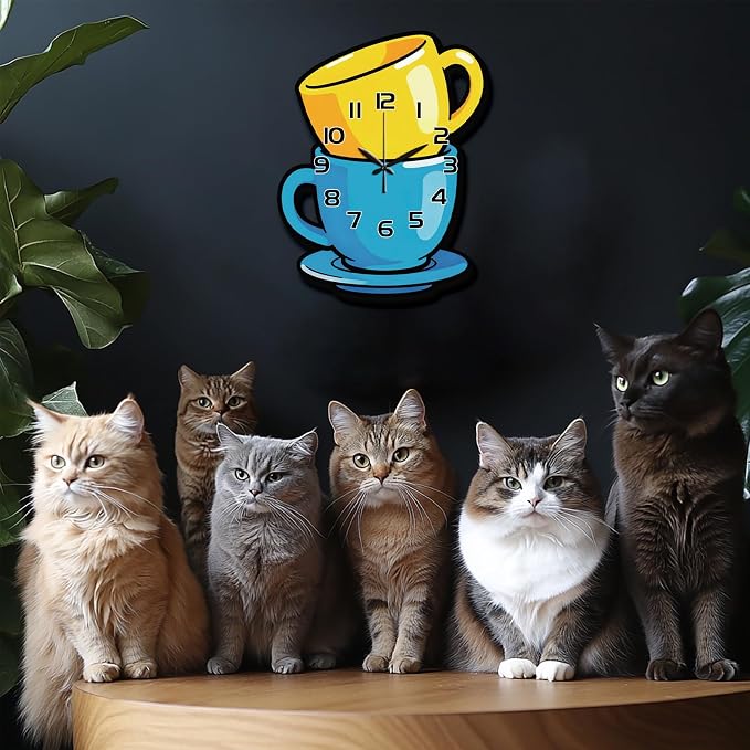 Stacked Coffee Cups Wall Clock Irregular Shape Decorative Wall Clock Cartoon Style Non-Ticking Clock for Home Office Decoration, 16.14×11.49 inch