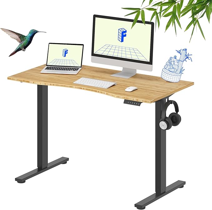 FLEXISPOT EN1 Bamboo Standing Desk, 48 x 24 Inches One-Piece Electric Height Adjustable Desk for Home Office (Black Frame + Bamboo Curved Desktop, 2 Packages)
