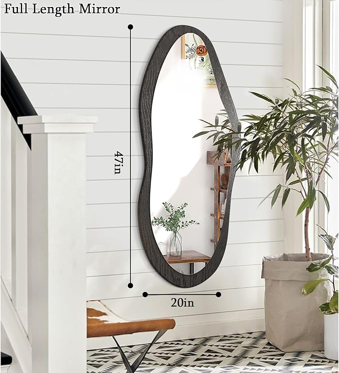 AAZZKANG Irregular Wall Mirror Full Length with Wood Framed Large 47"x20" Black Asymmetrical Full Body Mirrors for Bedroom Living Room Entryway