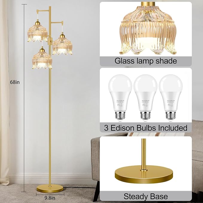 Dimmable Floor Lamps for Living Room Bedroom,Gold Floor Lamp with Glass Lampshape 3 Color Temperatures, Flower Mid Century Modern Standing Lamp Glass Tall Floor Lamps for Living Room Bedroom,Corner