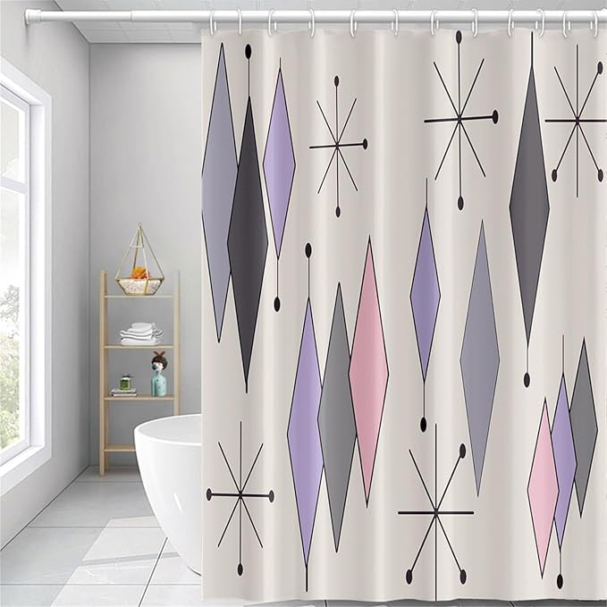Boho Mid Century Shower Curtain Abstract Purple Grey Pink Diamond Geometric Atomic Starburst Pattern Beige for 1950s Retro Bathroom Decor Shower Curtain Set with 12 Hooks, 48x72 Inches