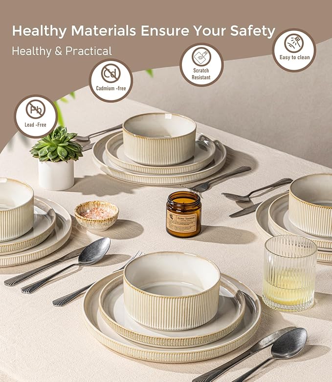 GBHOME 12-Piece Stoneware Dinnerware Set for 4 – Ribbed Ceramic Plates and Bowls, Scratch-Resistant, Microwave & Dishwasher Safe, Reactive Glaze, Oatmeal Veil
