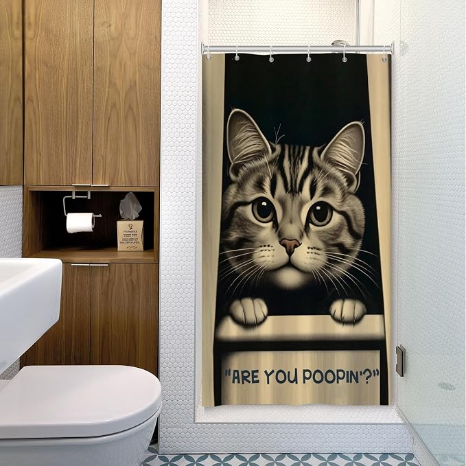Cat Shower Curtains Cute are You Poopin' Funny Humorous Animal Whimsical Bathroom Curtain Curious Joke Cat Shower Curtain Sets for Bathroom Extra Long 36x72 in with 6 Hooks