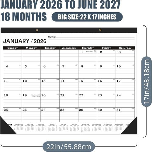 Classic Black Desk Calendar 2026 | Large 22 x 17 Inches | 2-Pack with Plastic Cover