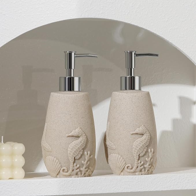 Soap Dispensers 350mL 11OZ, 2 PCS Luxurious Ocean Hand Dish Lotion Shampoo Soap Dispenser Jar, Sea Shell Soap Pump Bottles for Kitchen Bathroom Countertop Beige