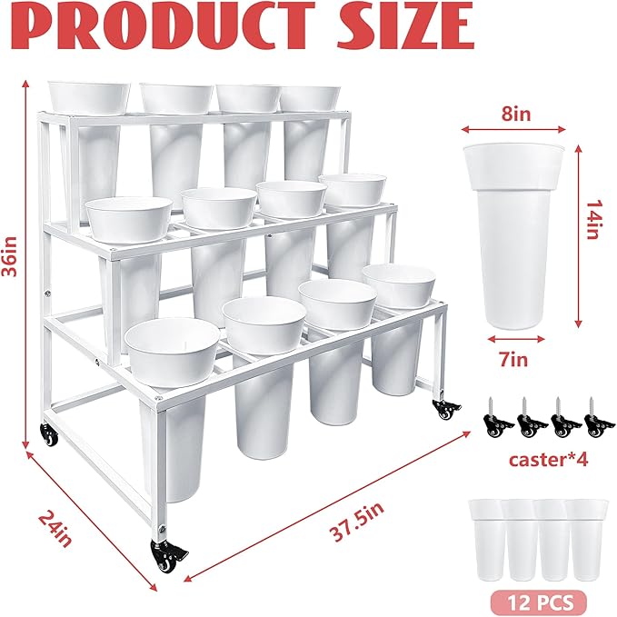 PROLEE Flower Display Stand with 12 Buckets, Flower Cart 3 Layers, Flower Stand Metal with Wheels, Moving Florist Bouquet Shelf, Rectangular Rack (White)
